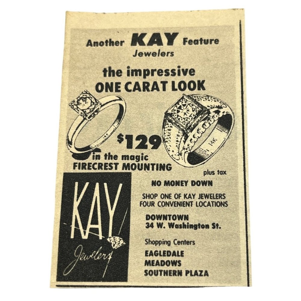 Kay Jewelry Store Print Ad Vintage 1964 Indianapolis Firecrest Mounting Ring